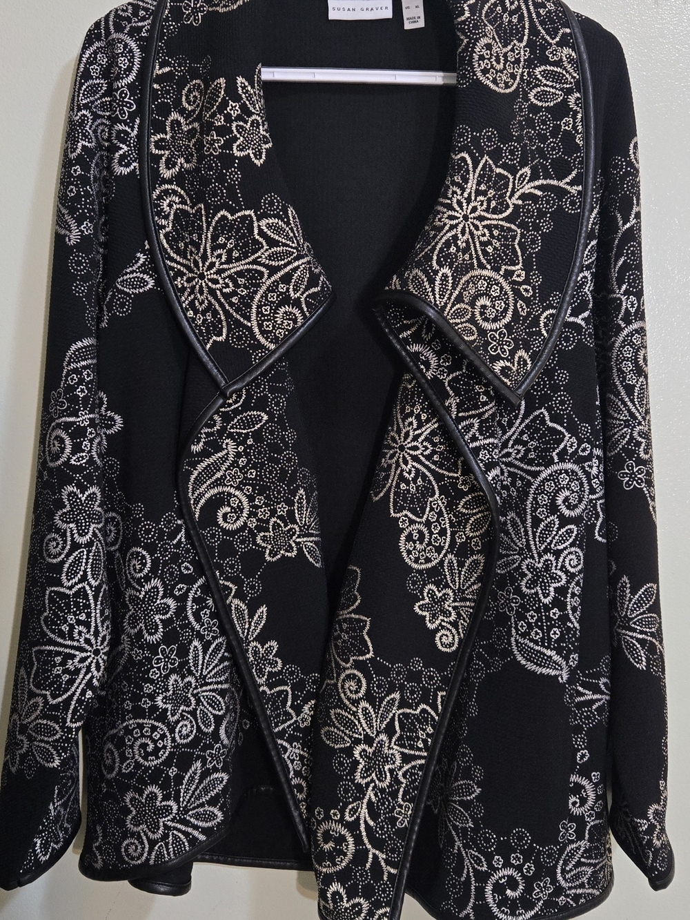 Susan Graver Black And Silver Jacquard Floral-Print Open Front Jacket